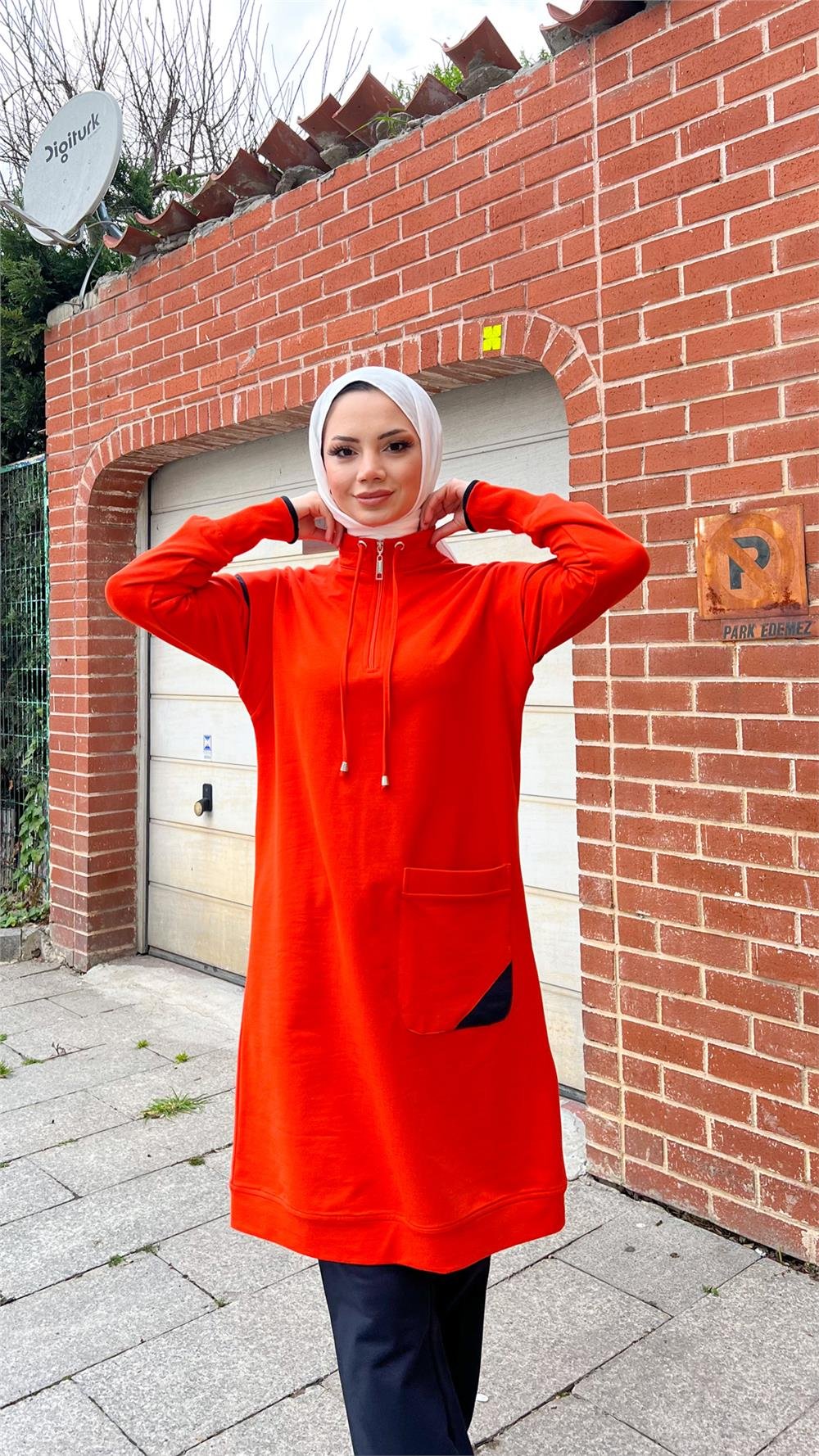 Tek Cepli Yarım Fermuarlı Sweat Pantolon İkili Tesettür Eşofman Takımı - 71178.036 - Oranj