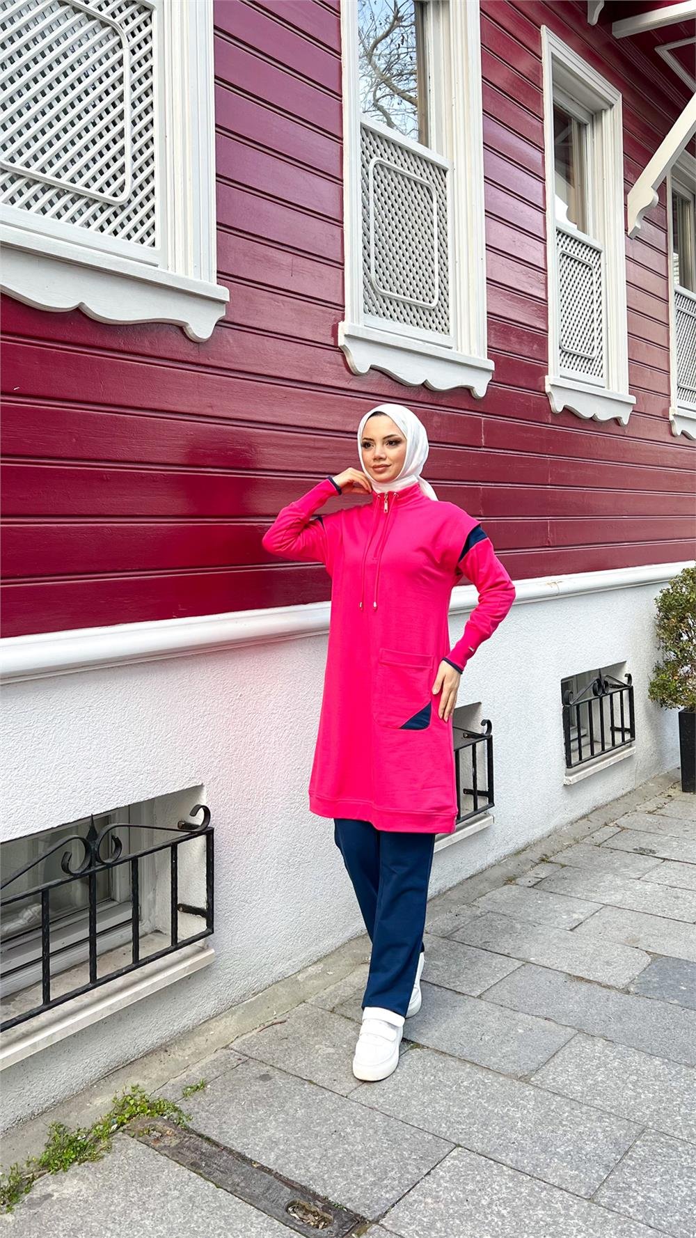 Tek Cepli Yarım Fermuarlı Sweat Pantolon İkili Tesettür Eşofman Takımı - 71178.025 - Fuşya