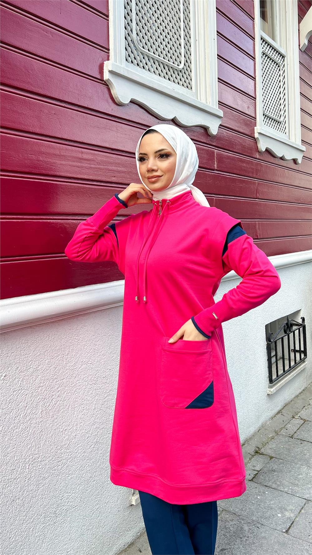 Tek Cepli Yarım Fermuarlı Sweat Pantolon İkili Tesettür Eşofman Takımı - 71178.025 - Fuşya