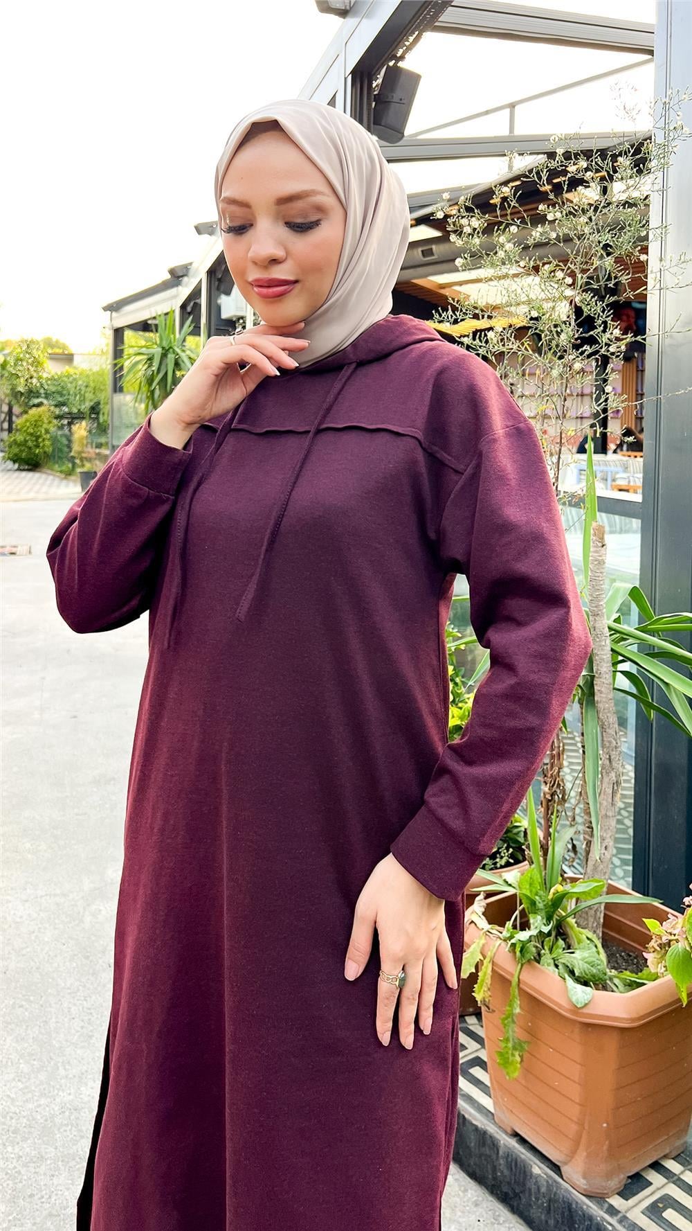 Uzun Tunik Kapşonlu Kenardan Yırtmaçlı İkili Spor Takım - 3034 - Mürdüm