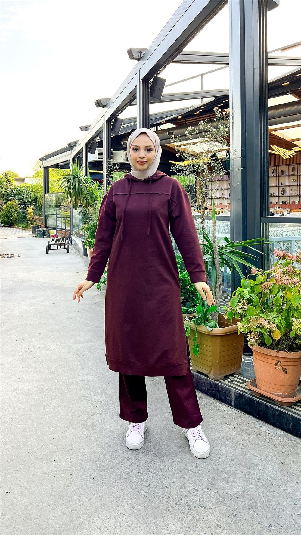 Uzun Tunik Kapşonlu Kenardan Yırtmaçlı İkili Spor Takım - 3034 - Mürdüm