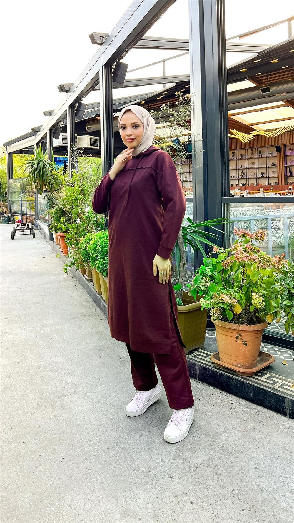 Uzun Tunik Kapşonlu Kenardan Yırtmaçlı İkili Spor Takım - 3034 - Mürdüm