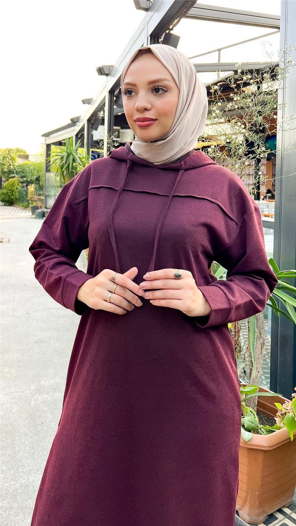 Uzun Tunik Kapşonlu Kenardan Yırtmaçlı İkili Spor Takım - 3034 - Mürdüm