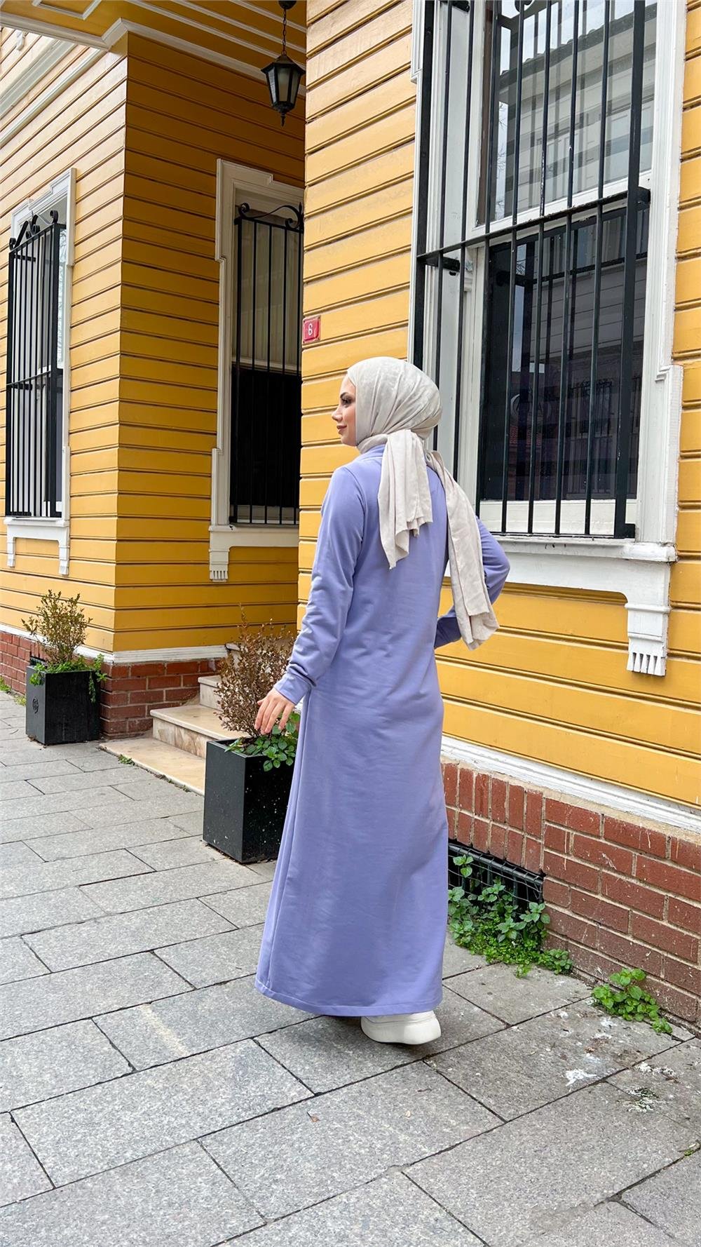 Yakalı Cepli Yandan Düğmeli Pamuklu Uzun Ferace - 71176.019 - Lila