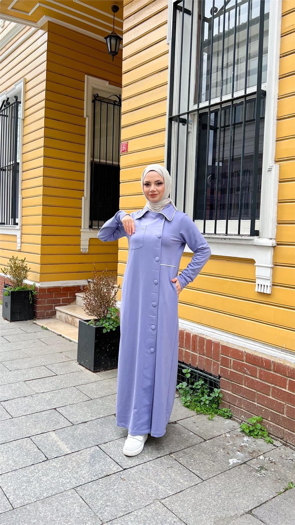 Yakalı Cepli Yandan Düğmeli Pamuklu Uzun Ferace - 71176.019 - Lila