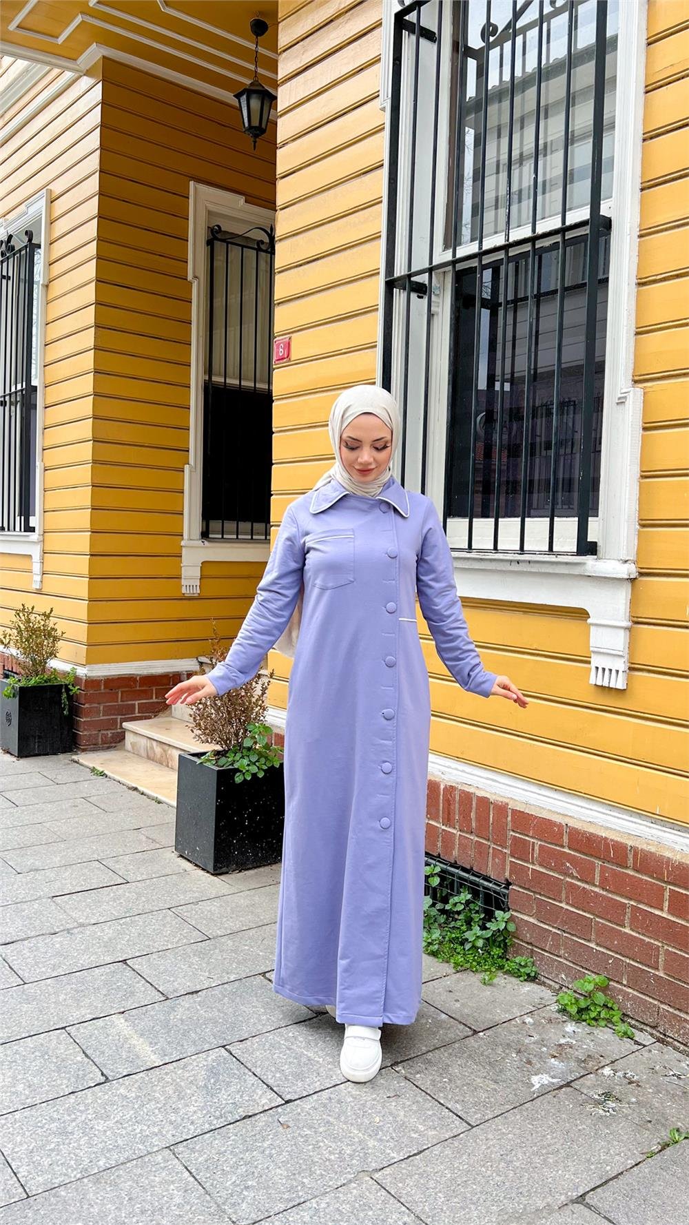 Yakalı Cepli Yandan Düğmeli Pamuklu Uzun Ferace - 71176.019 - Lila