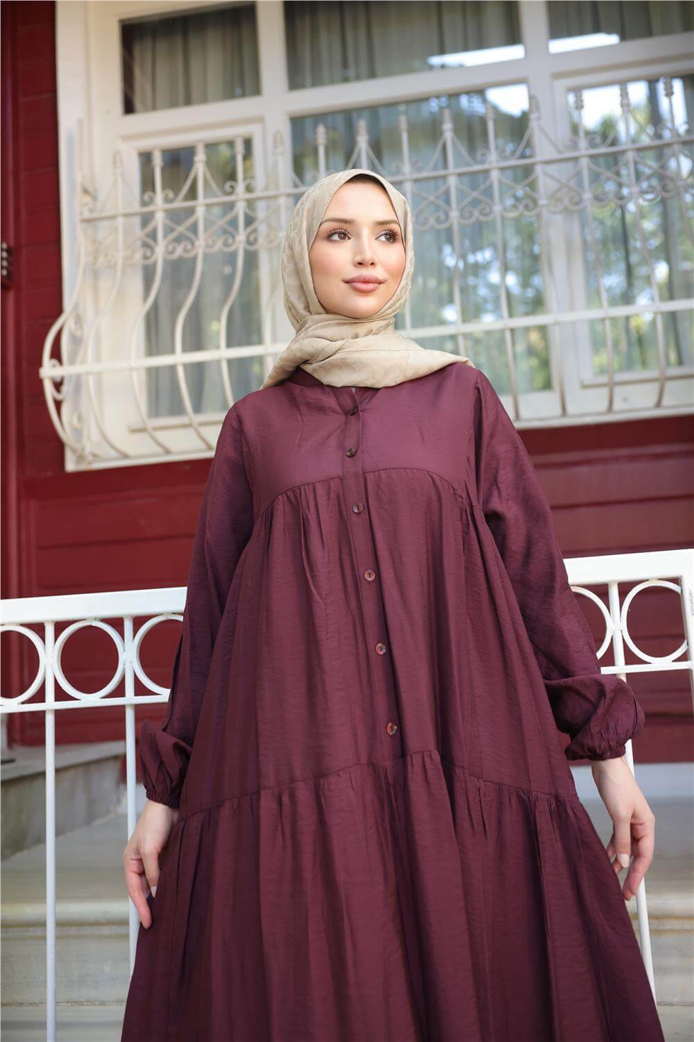 Yarı Düğmeli Pileli ve Lastik Kollu Uzun Salaş Elbise - (38-46) - 71277 - Bordo