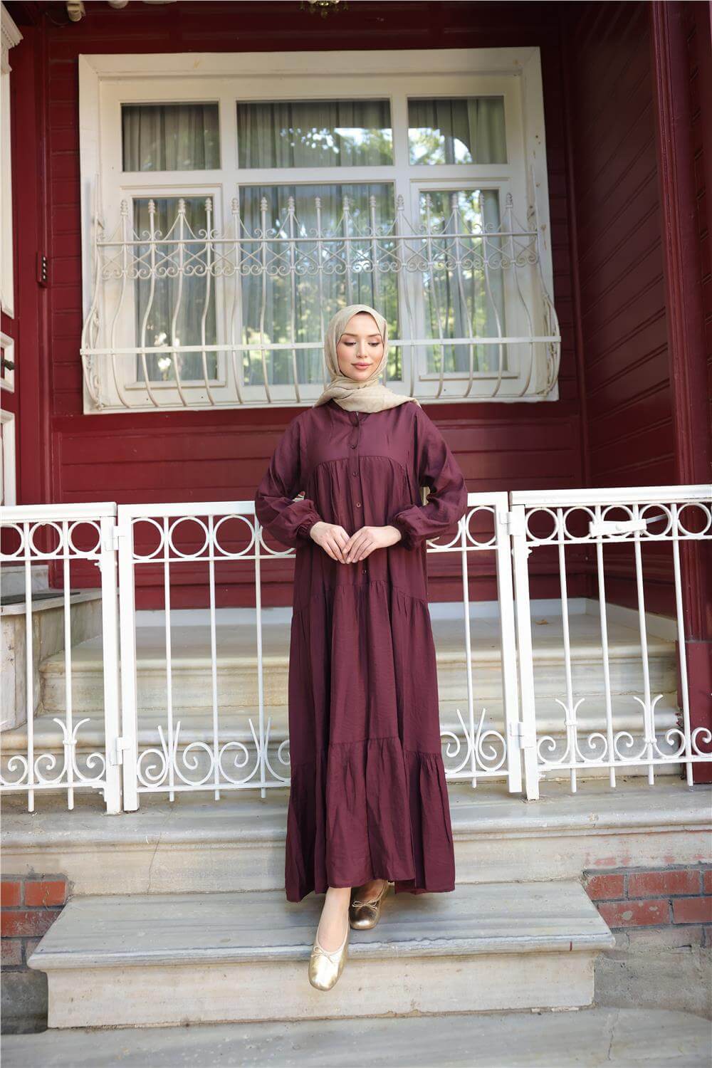Yarı Düğmeli Pileli ve Lastik Kollu Uzun Salaş Elbise - (38-46) - 71277 - Bordo
