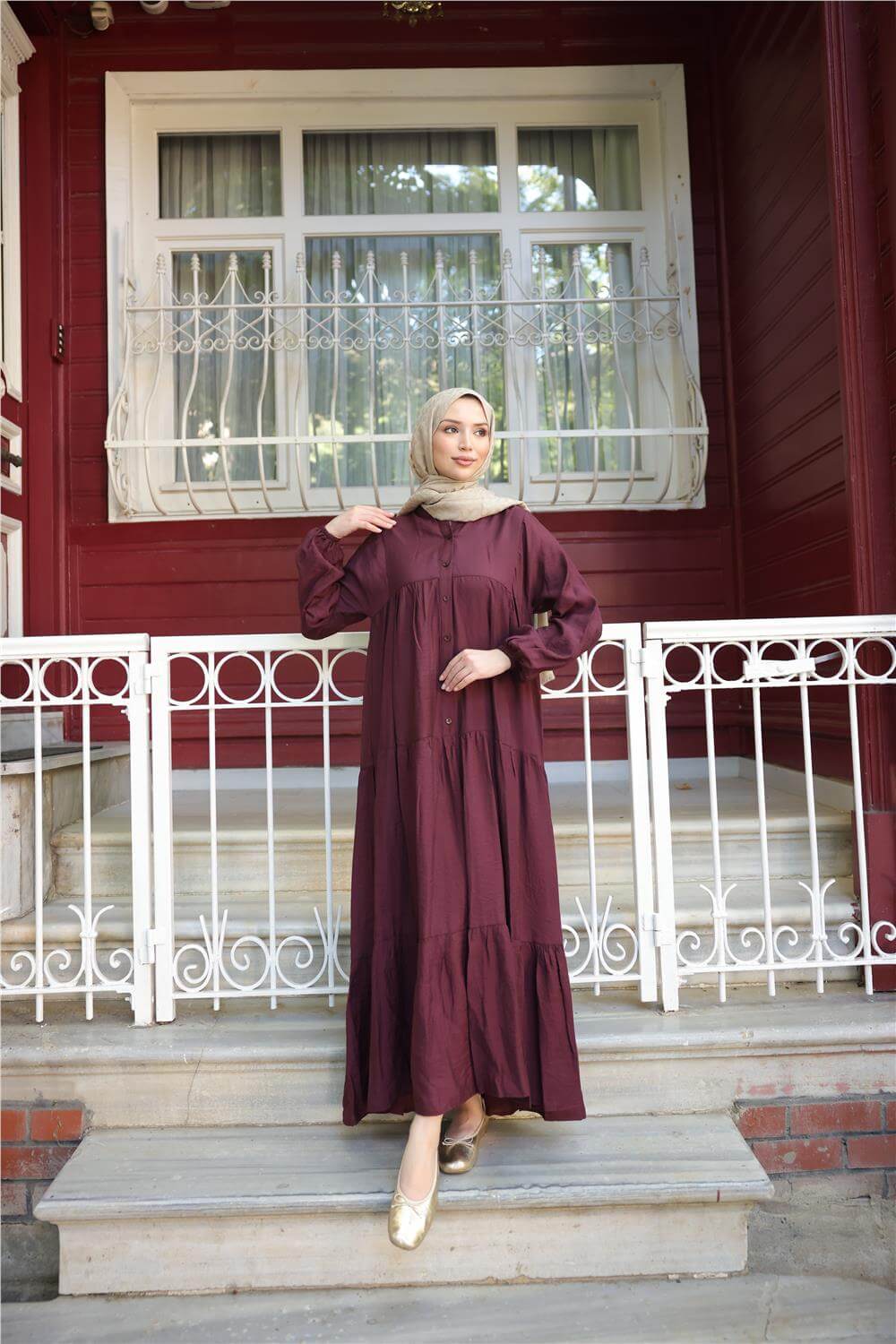 Yarı Düğmeli Pileli ve Lastik Kollu Uzun Salaş Elbise - (38-46) - 71277 - Bordo