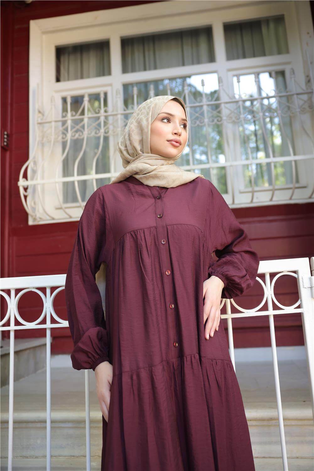 Yarı Düğmeli Pileli ve Lastik Kollu Uzun Salaş Elbise - (38-46) - 71277 - Bordo