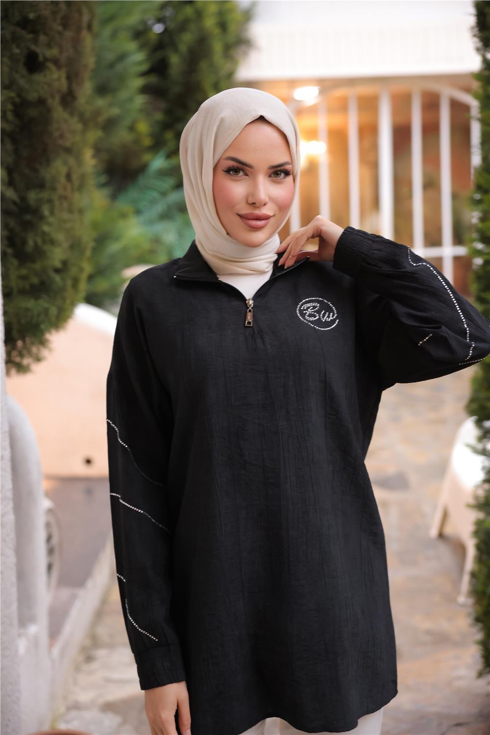 Yarım Fermuarlı Yaka Logo Baskılı Tunik - 71245.003 - Siyah