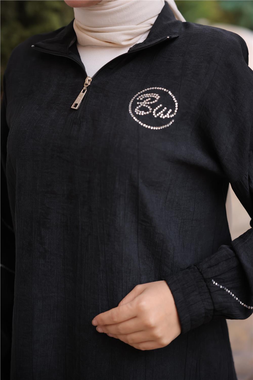 Yarım Fermuarlı Yaka Logo Baskılı Tunik - 71245.003 - Siyah