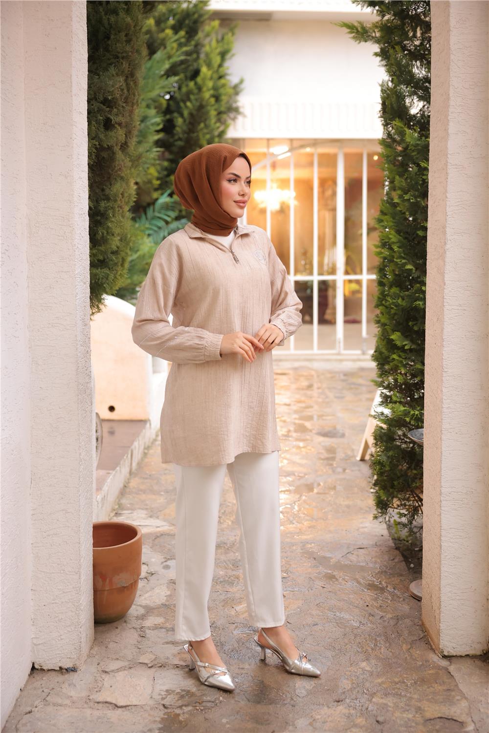 Yarım Fermuarlı Yaka Logo Baskılı Tunik - 71245.026 - Bej