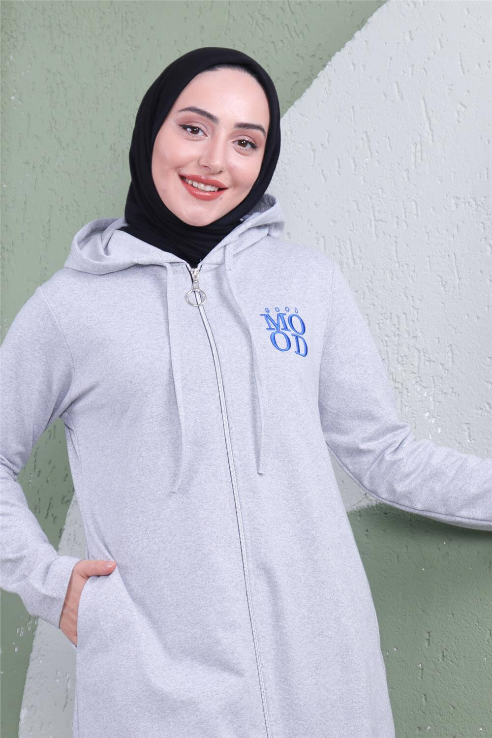 Yazı Baskılı Fermuarlı Kapşonlu Uzun Sweat - 03081 - Gri