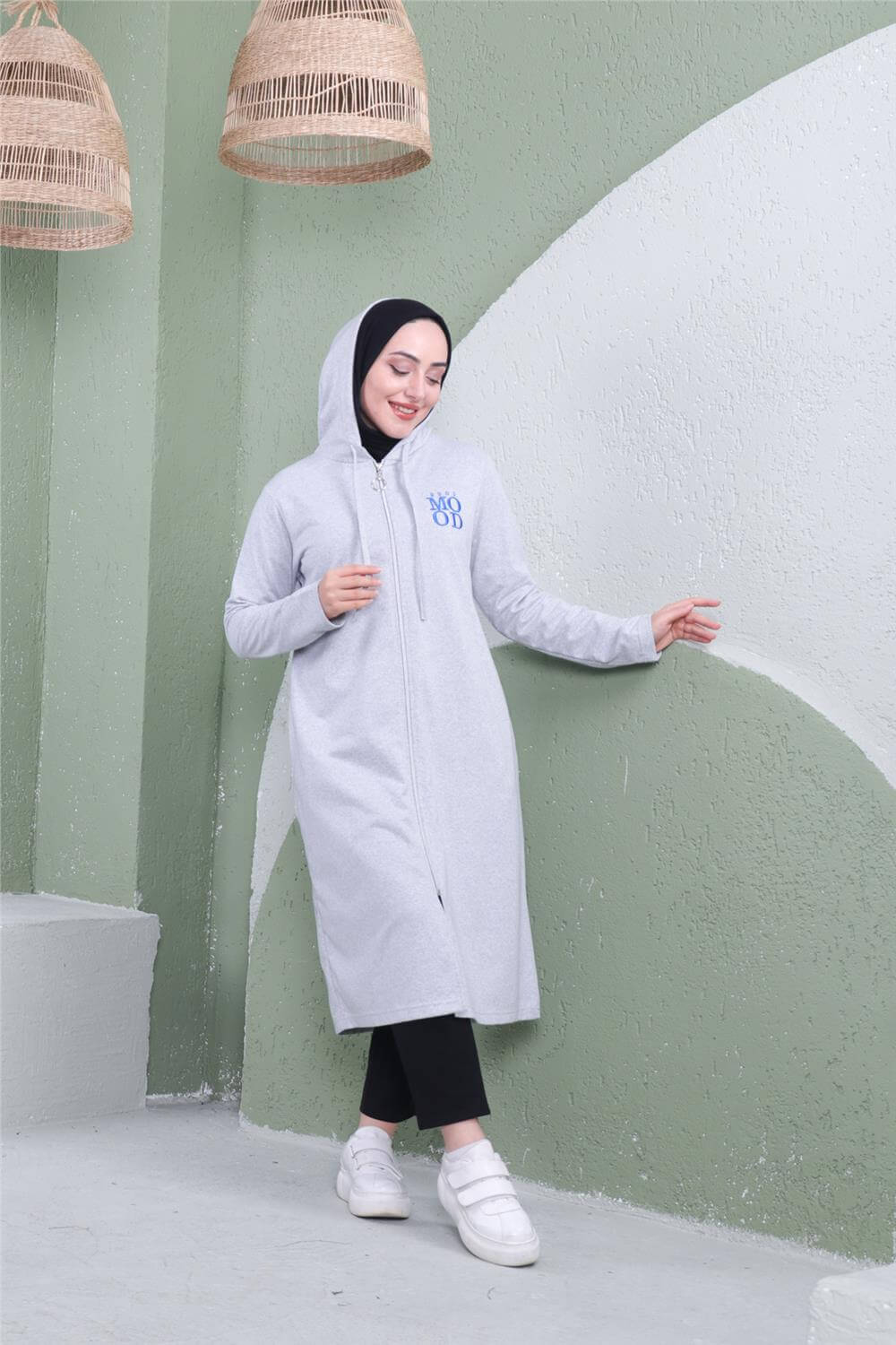 Yazı Baskılı Fermuarlı Kapşonlu Uzun Sweat - 03081 - Gri