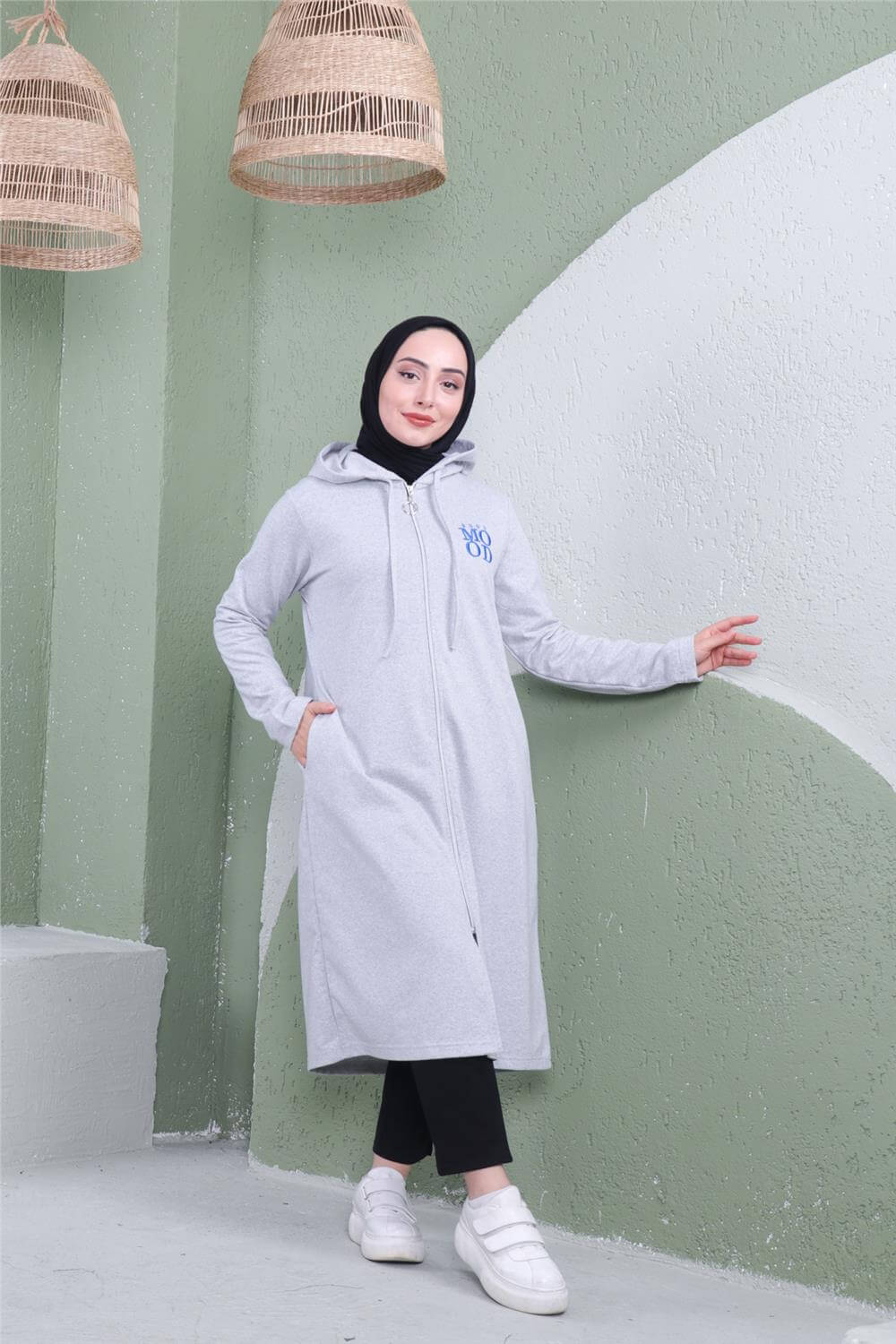 Yazı Baskılı Fermuarlı Kapşonlu Uzun Sweat - 03081 - Gri