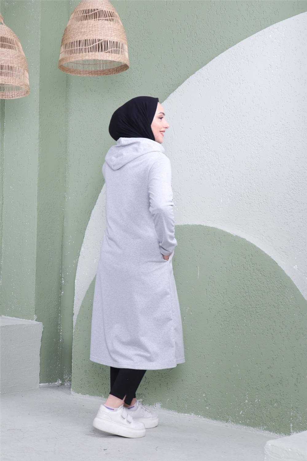 Yazı Baskılı Fermuarlı Kapşonlu Uzun Sweat - 03081 - Gri
