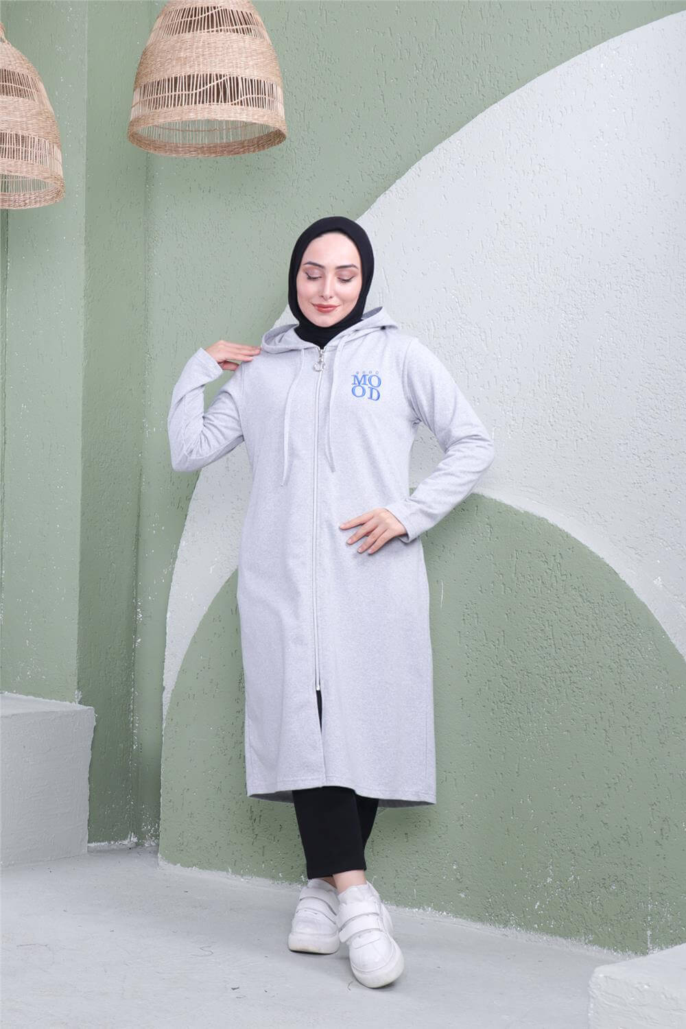 Yazı Baskılı Fermuarlı Kapşonlu Uzun Sweat - 03081 - Gri