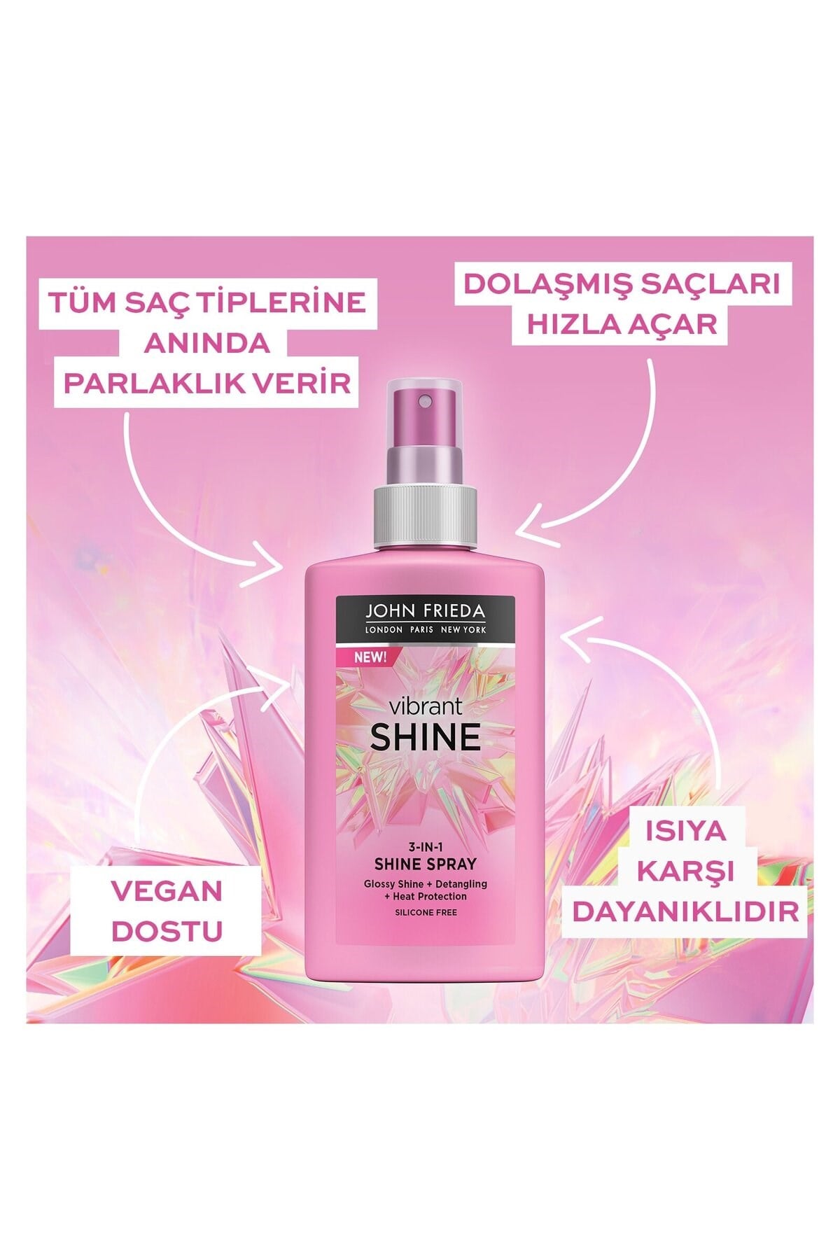 John Frieda Vibrant Shine Canlı Parlaklık Veren 3'ü Bir Arada Saç Spreyi 150 ml