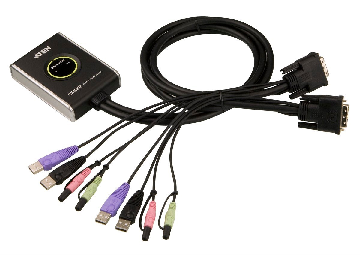 2 Port USB 2.0 DVI KVMP™ (Keyboard/Video Monitor/Mouse) Periferi Switch, Hoparlör ve Mikrofon bağlantısı mevcut, Masaüstü Tip, KVM bağlantı kablosu ürüne gömülüdür, Remote Port Selector ile birlikte