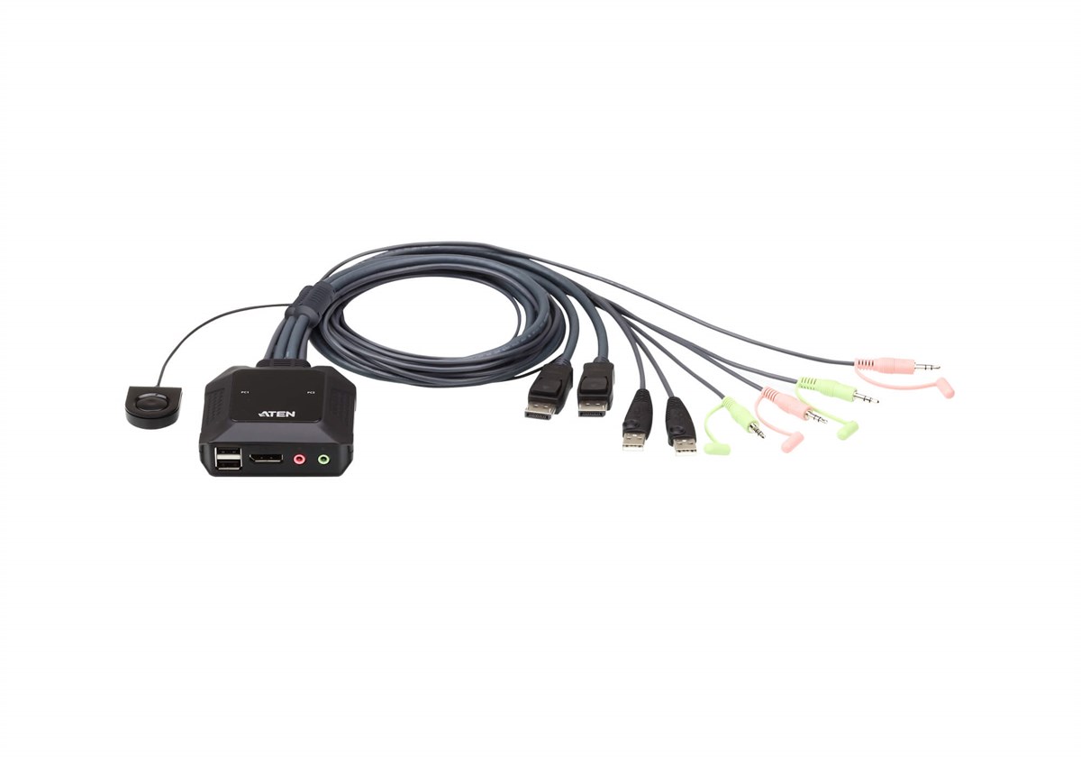 2 Port USB DisplayPort KVM (Keyboard/Video Monitor/Mouse) Switch, Masaüstü Tip, KVM bağlantı kablosu ürüne gömülüdür, Remote Port Selector ile birlikte<br>
2-Port USB DisplayPort Cable KVM Switch with Remote Port Selector