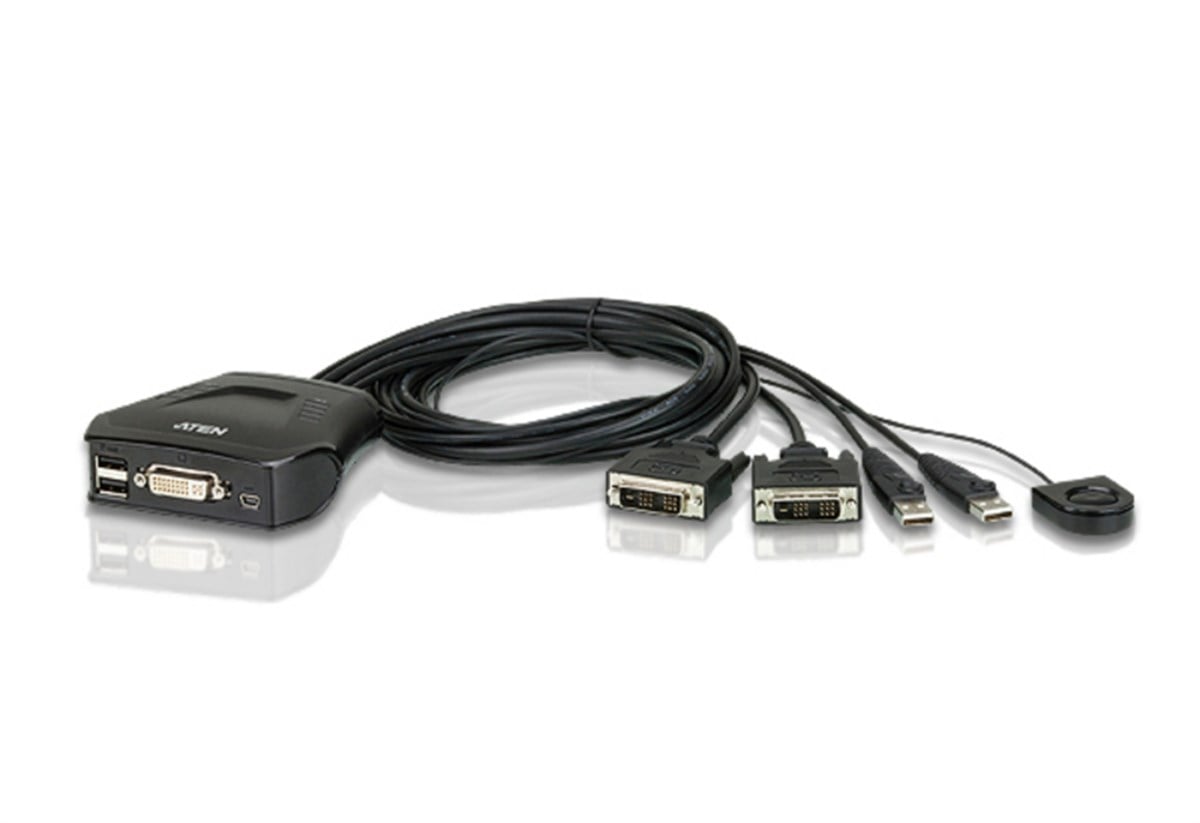 2 Port USB DVI KVM (Keyboard/Video Monitor/Mouse) Switch, Masaüstü Tip, KVM bağlantı kablosu ürüne gömülüdür<br>
2-Port USB DVI Cable KVM Switch with Remote Port Selector 