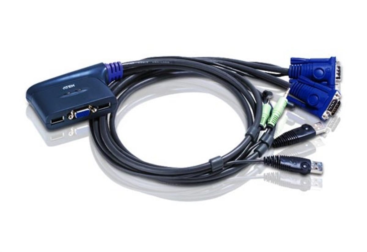 2 portlu USB VGA KVM (Keyboard/Video Monitor/Mouse) Switch, Hoparlör bağlantısı mevcut, Masaüstü Tip, KVM bağlantı kablosu 0.90 metre ürüne gömülüdür
(2-Port USB VGA/Audio Cable KVM Switch, 0.90)