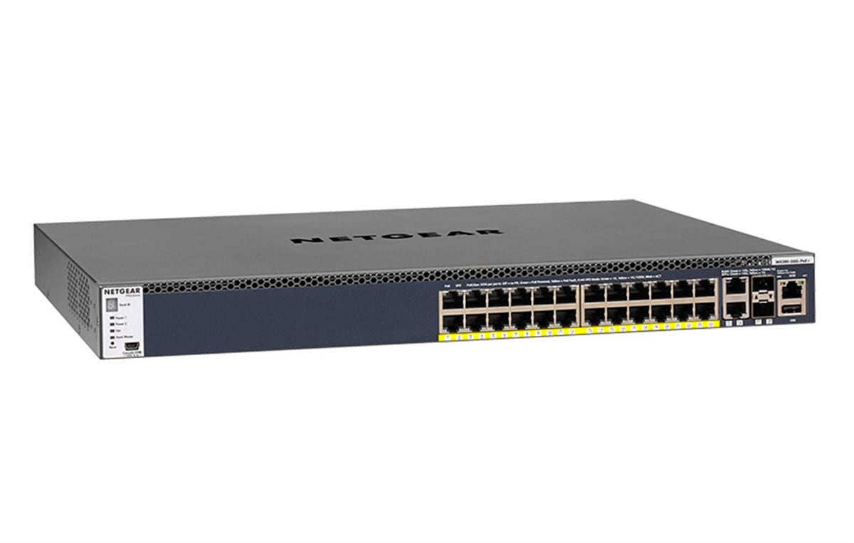 24 x 1G PoE+ Stackable Managed Switch<br>
2 x 10GBASE-T<br>
2 x SFP+ (550W PSU) (M4300-28G-PoE+ 550W PSU)  