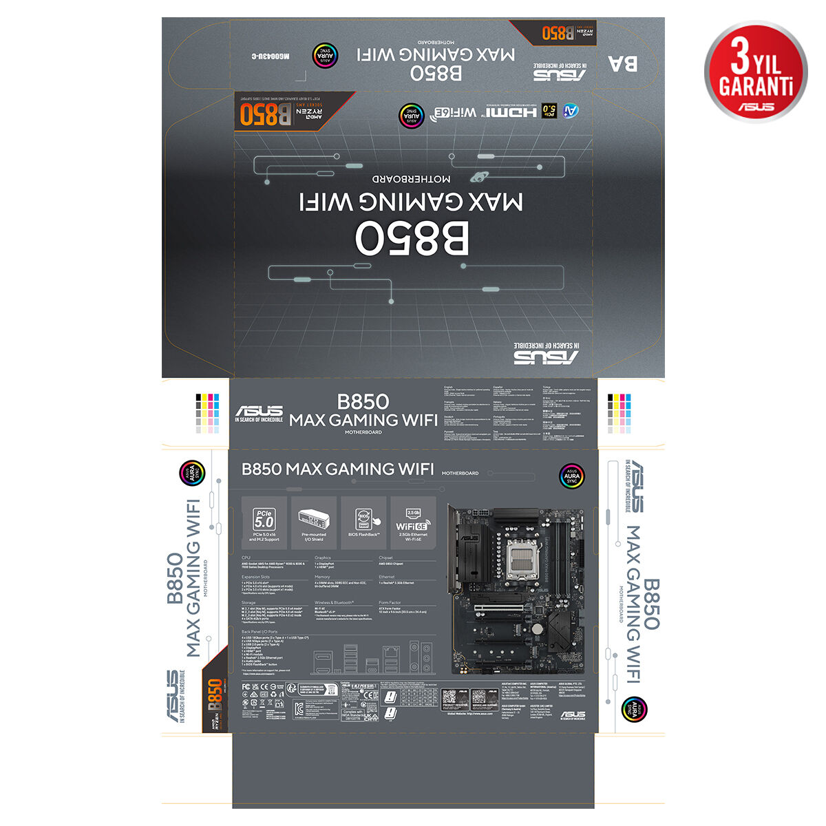 ASUS B850 MAX GAMING WIFI6E DDR5 HDMI-DP PCIE 5.0 AM5 ATX Kurumsal Anakart