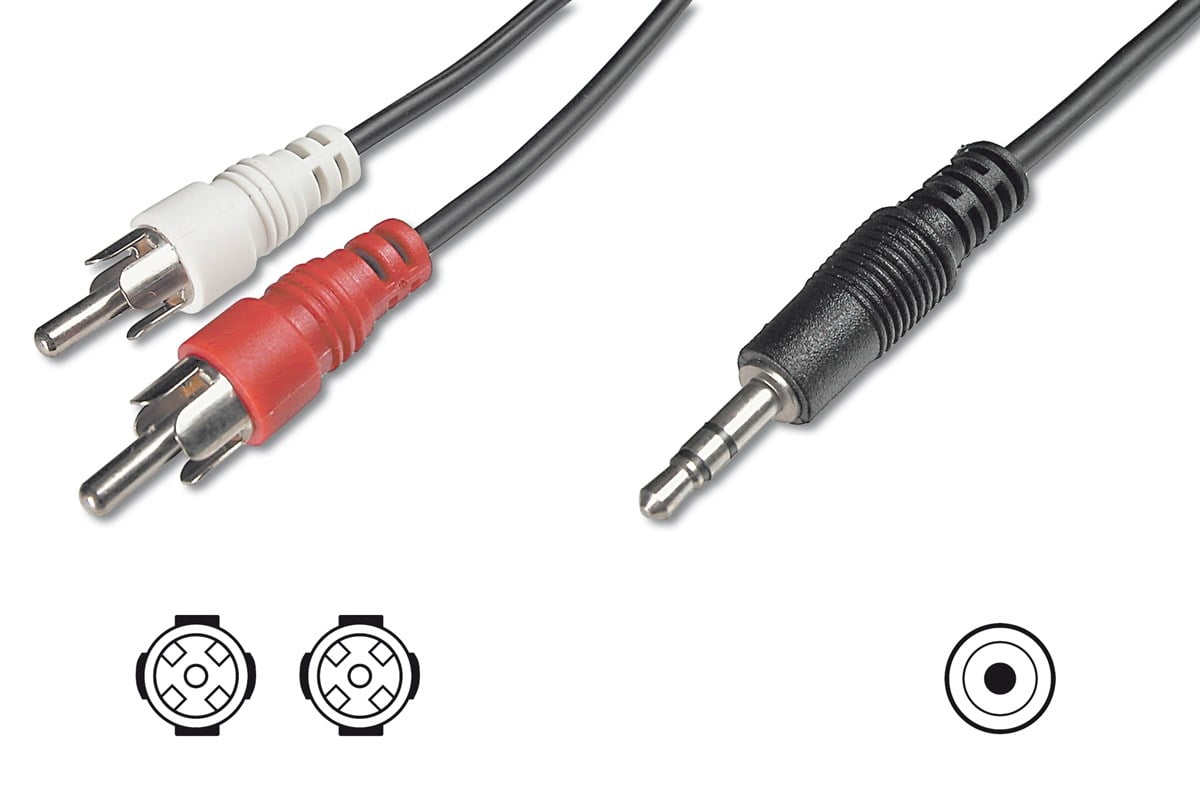 Audio Kablosu, 1 x stereo 3,5 mm erkek <> 2 x RCA erkek, 5 metre, CCS, 2x0.10/10, zırhlı, siyah renk
