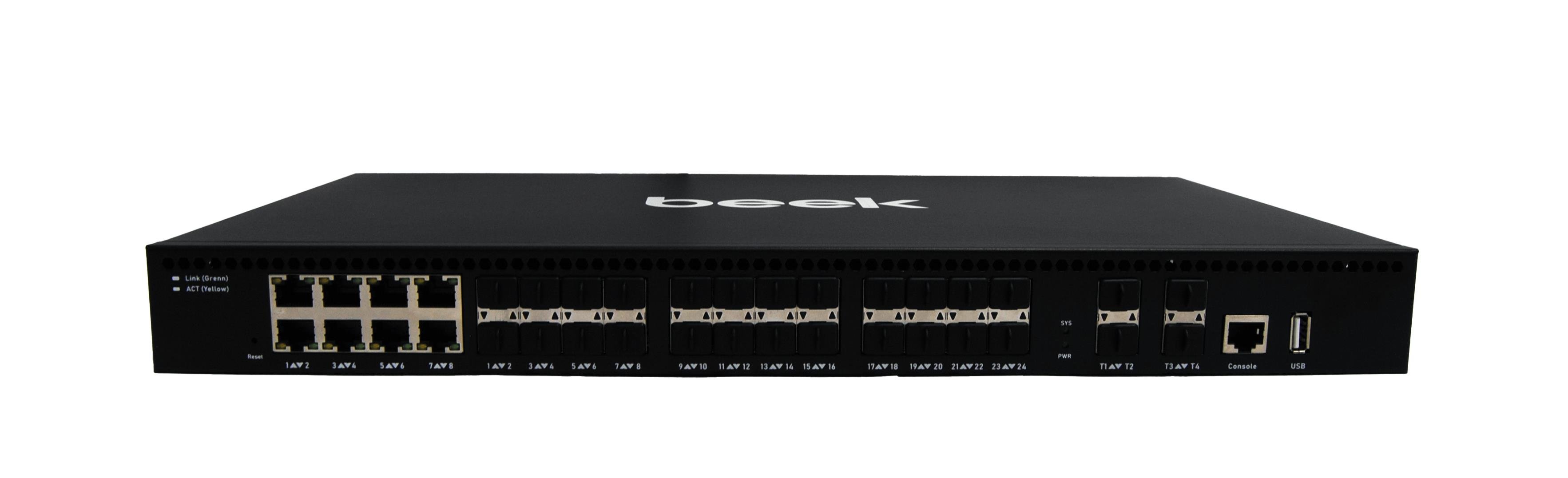 Beek L3 Yönetilebilir Switch<br>
24 x 1000 Base-X SFP yuva<br>
8 x 10/100/1000BASE-T port (combo)<br>
4 x 1G/10G Base-X SFP+ yuva<br>
1 x Konsol port<br>
1 x USB port<br>
Yönetim: Uzaktan Web, VLAN ve Storm Control