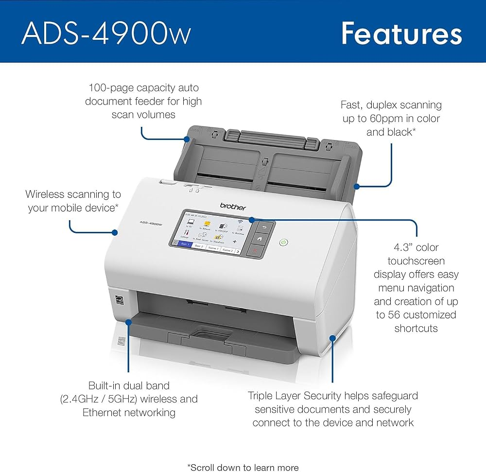 BROTHER A4 ADS-4900W  60ppm Duplex Kablosuz Ağ Tipi Dokunmatik Ekranlı Profesyonel Masaüstü Doküman Tarayıcı