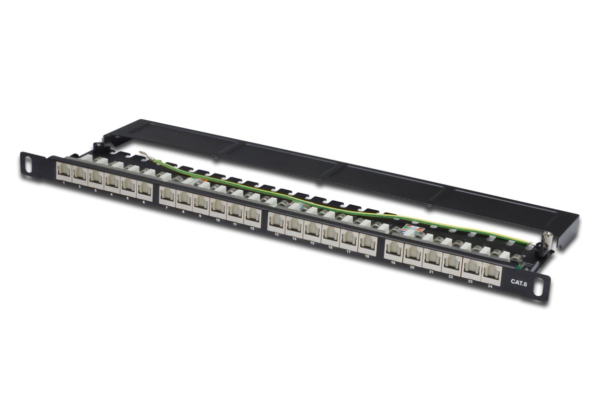 Digitus 19 Inch 24 port Cat.6 Patch Panel, Zırhlı (Shielded), 
siyah renk, 0,5U boyut