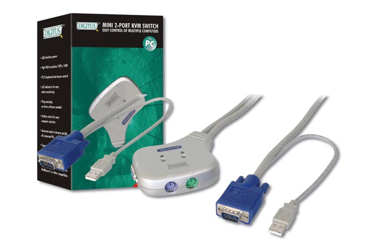 Digitus 2 portlu USB Mini KVM (Keyboard/Video Monitor/Mouse) Switch, Masaüstü Tip, KVM bağlantı kablosu ürün beraberinde gelmektedir 