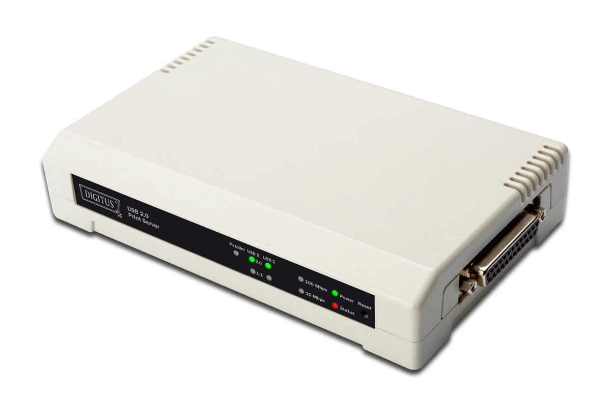 Digitus 3 port Fast Ethernet Print Server, 2 x USB 2.0 port, 1 x DB-36-pin erkek centronics, 1 x RJ45