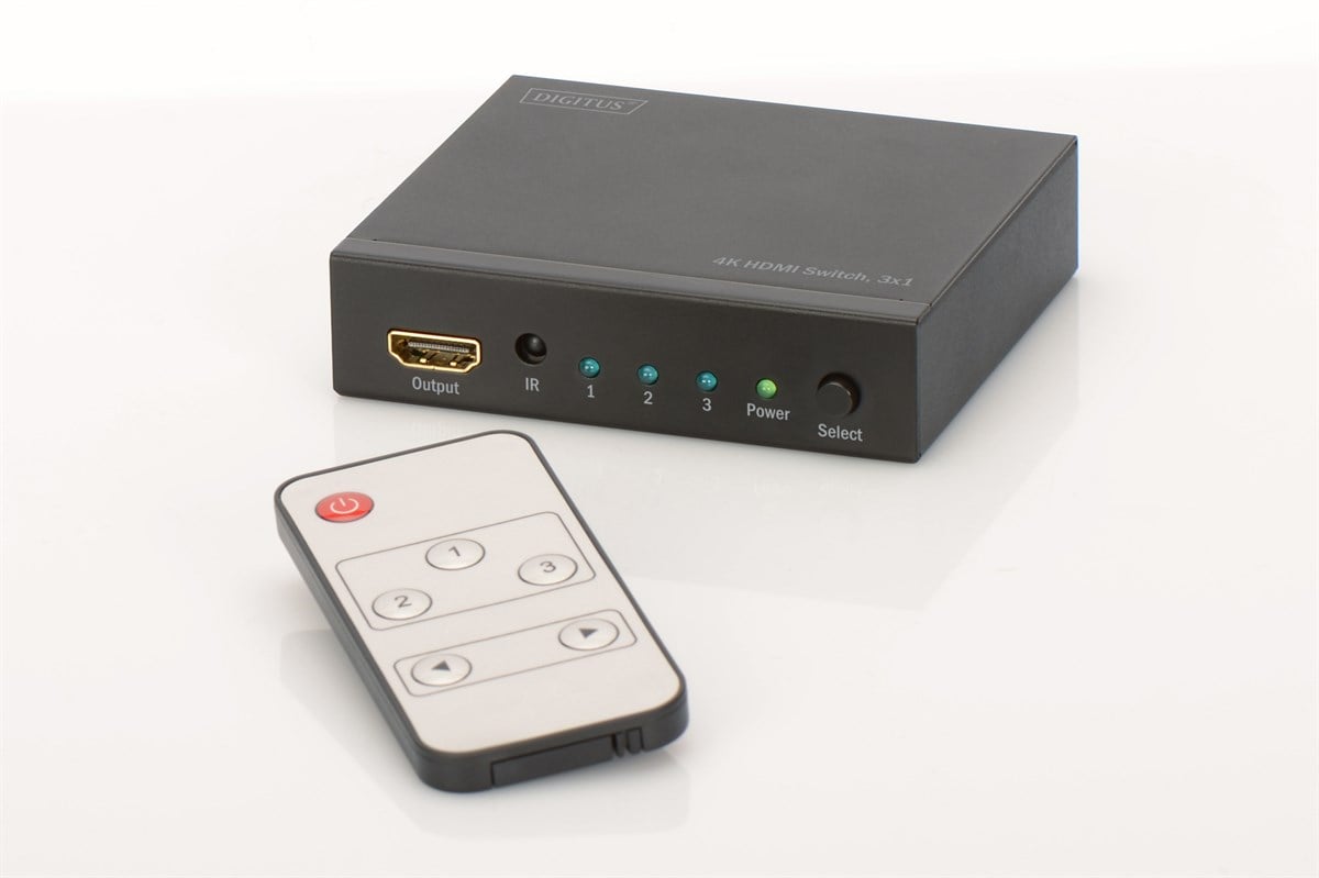 Digitus 3 Port Ultra HD 4K HDMI Switch, 4K2K, 3D görüntü formatlarını destekler, 3 Giriş (HDMI Arayüzlü Kaynak Cihaz), 1 Çıkış (HDMI Arayüzlü Görüntü Aygıtı), plastik, siyah renk, uzaktan kumanda ünitesi ürünle birlikte gelmektedir