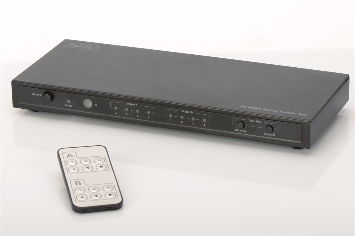 Digitus 4K HDMI Matrix Switch, 4 Giriş (HDMI Arayüzlü Kaynak Cihaz), 2 Çıkış (HDMI Arayüzlü Görüntü Aygıtı), 4K, 2K, 3D  görüntü formatı, uzaktan kumandalı, ek olarak toslink, stereo ve coax video arayüzlerine sahip