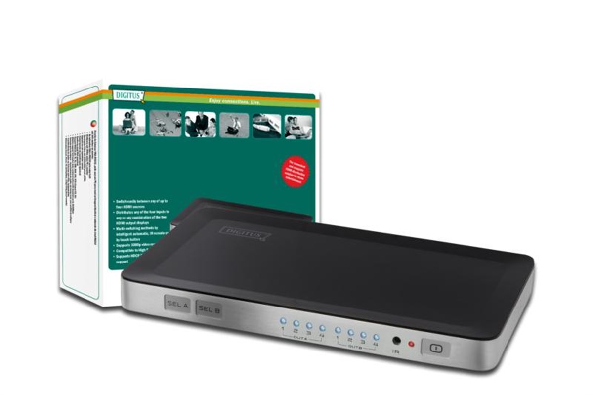 Digitus HDMI Matrix Switch, 4 Giriş (HDMI Arayüzlü Kaynak Cihaz), 2 Çıkış (HDMI Arayüzlü Görüntü Aygıtı), uzaktan kumanda ürünle birlikte gelmektedir