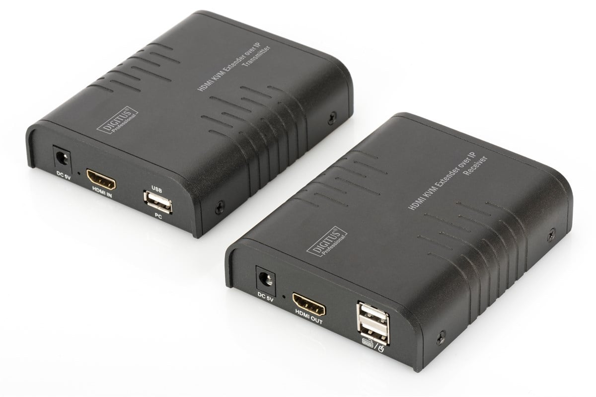 Digitus IP HDMI KVM (Keyboard/Video Monitor/Mouse) Sinyal Uzatma Cihazı, Alıcı (Receiver) ve Verici (Transmitter) Birim dahil, 120 metre, USB Konsol, maksimum çözünürlük 1080p
