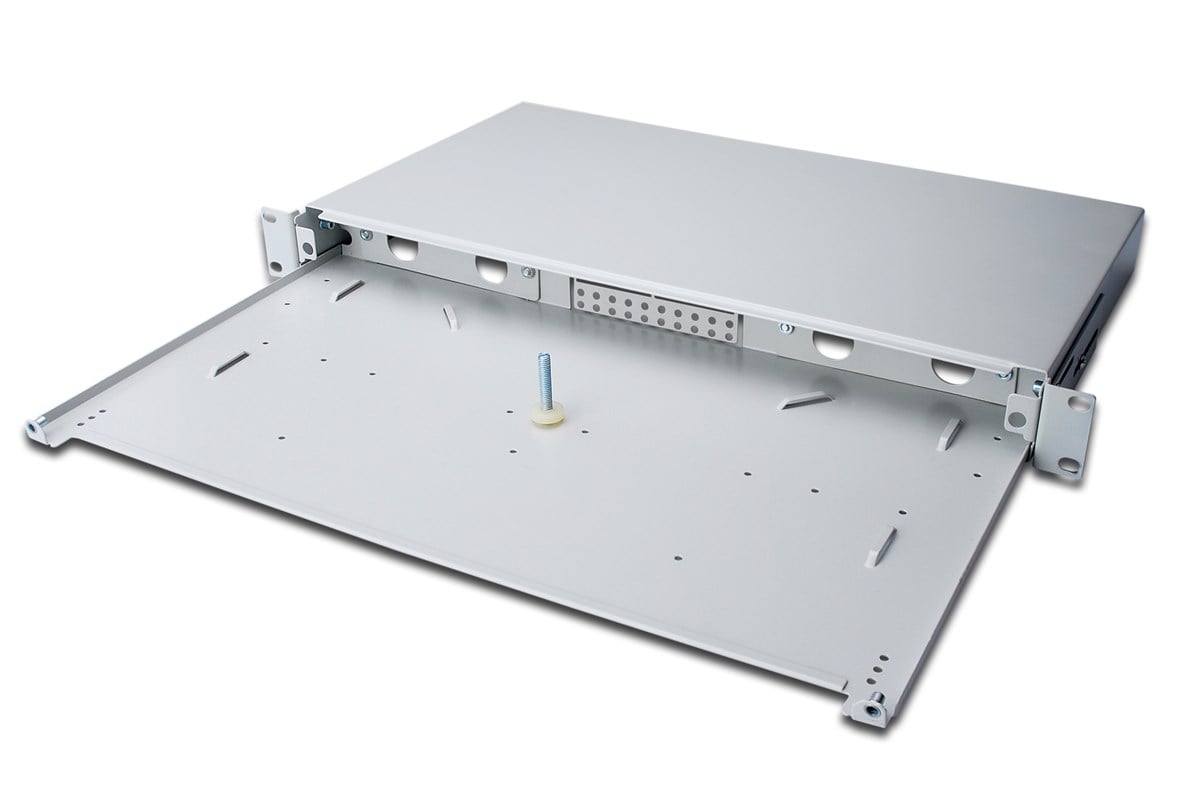 Digitus Sürgülü Boş Fiber Optik Sonlandırma Kutusu/Splice Box, 1U, Ön Panel Haricen Temin Edilir, Vidalar Dahil, Gri Renk

