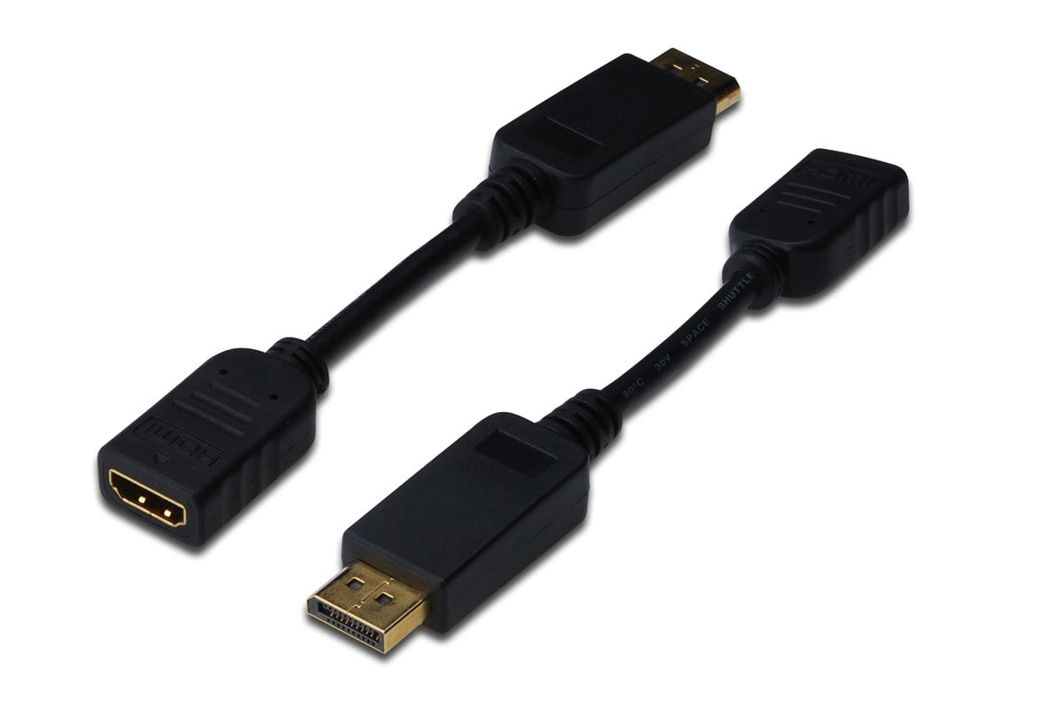 DisplayPort (DP) <-> HDMI Adaptörü, Kablolu, DP Erkek - HDMI Tip A Dişi, 0.15 metre, kilit mekanizmalı, DP 1.1a uyumlu, UL, siyah renk 