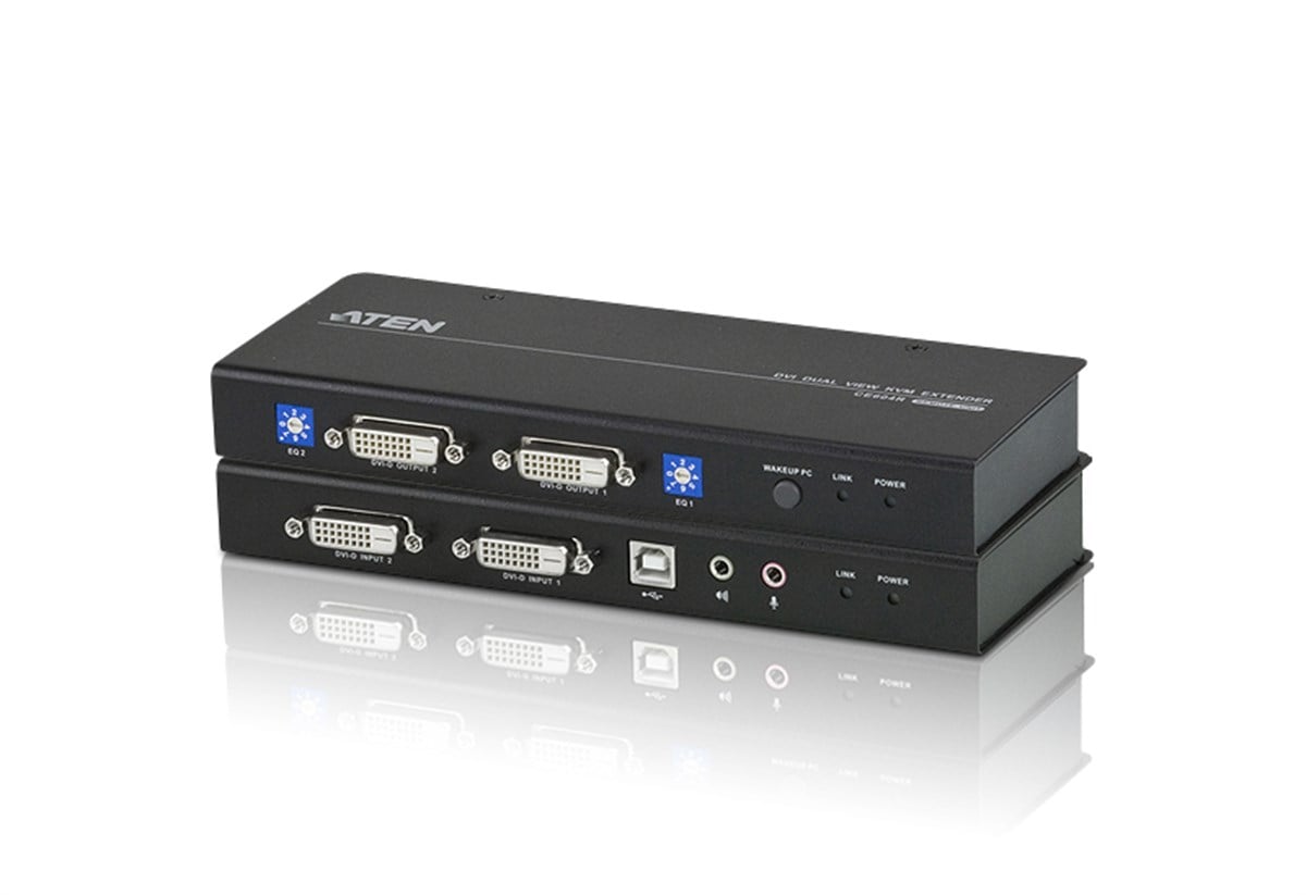 Dual View DVI KVM (Keyboard/Video Monitor/Mouse) Mesafe Uzatma Cihazı, Ses (hoparlör ve mikrofon) bağlantı desteği, 60 metre, USB Konsol, ESD ve gerilimdeki ani yükselmelere karşı korumalı<br>
USB DVI Dual View Cat 5 KVM Extender (1024 x 768@60m)