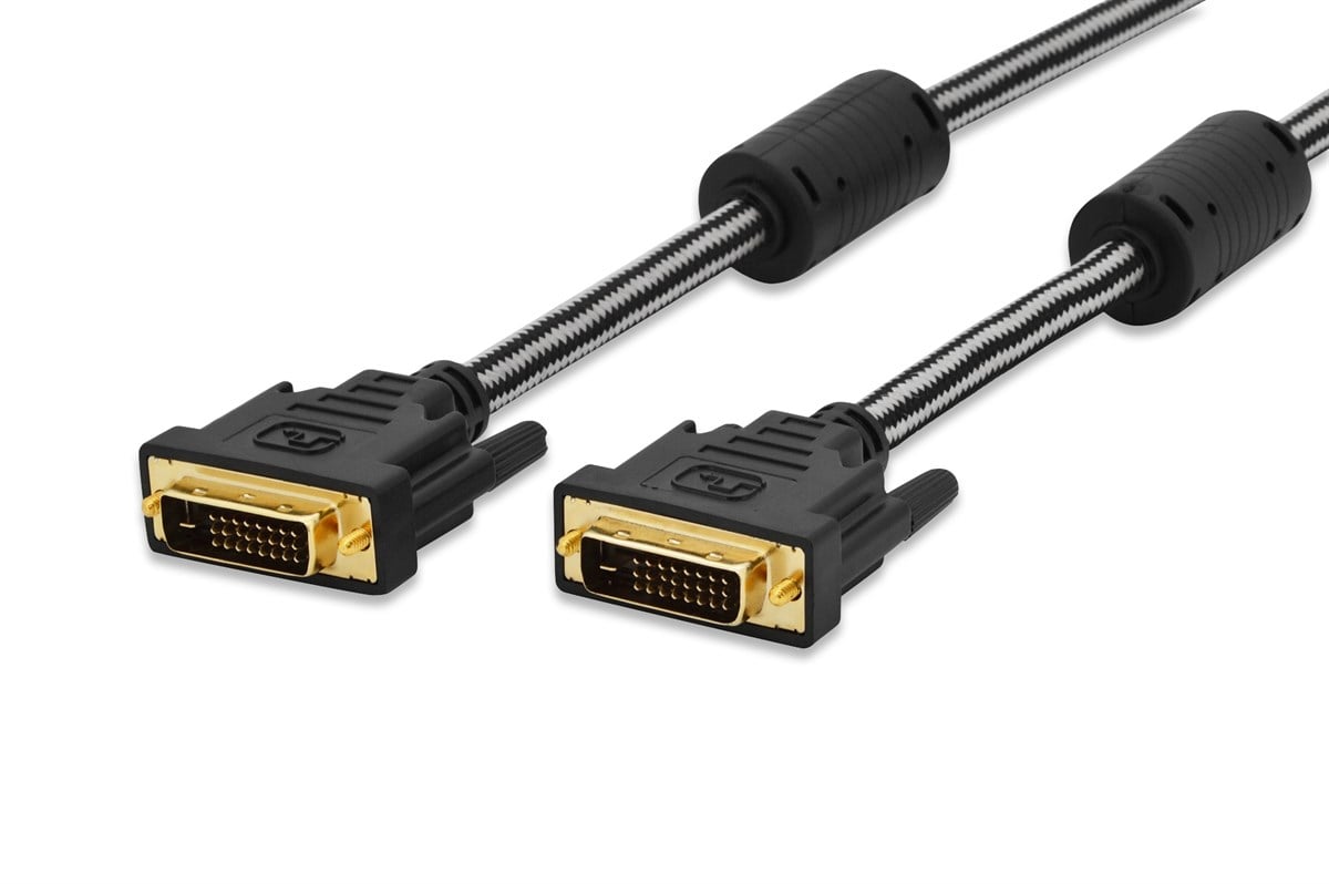 ednet DVI Bağlantı Kablosu, DVI-D (24+1) Erkek - DVI-D (24+1) Erkek, 2x ferrit, 3 metre, 3xzırhlı, AWG 30, UL, pamuk örgü kablo kılıfı, gümüş/siyah renk, altın kaplama