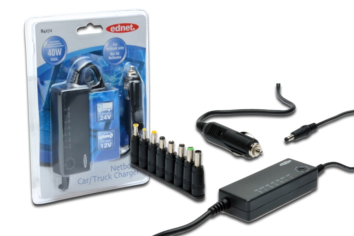 ednet Netbook  İçin Şarj Cihazı, 8 farklı adaptör fişli, giriş 12V/24V, çıkış 40W, araç için ideal