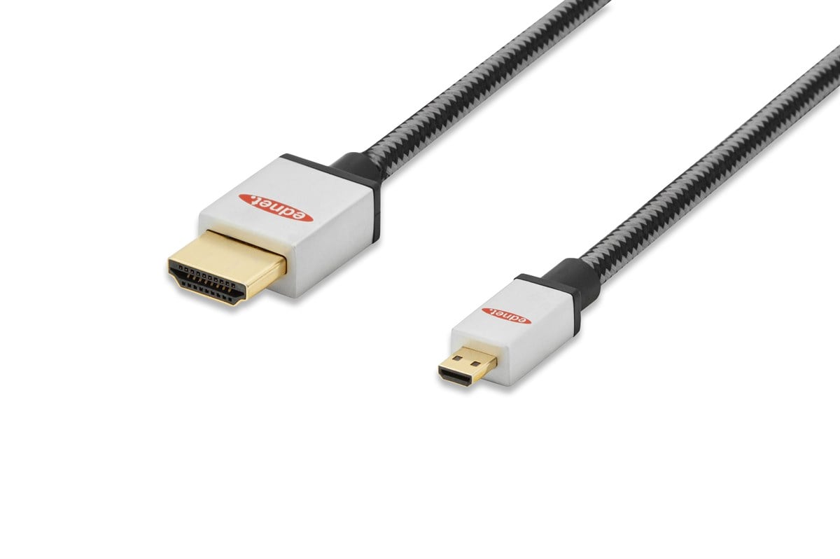 ednet Premium HDMI High Speed with Ethernet Bağlantı Kablosu (HDMI 1.4), 2160p, 4K, HDMI D (mikro) Erkek <-> HDMI A Erkek, 2 metre, AWG30, UL, 3x zırhlı, pamuk örgü kablo kılıfı, altın kaplama, gümüş/siyah renk