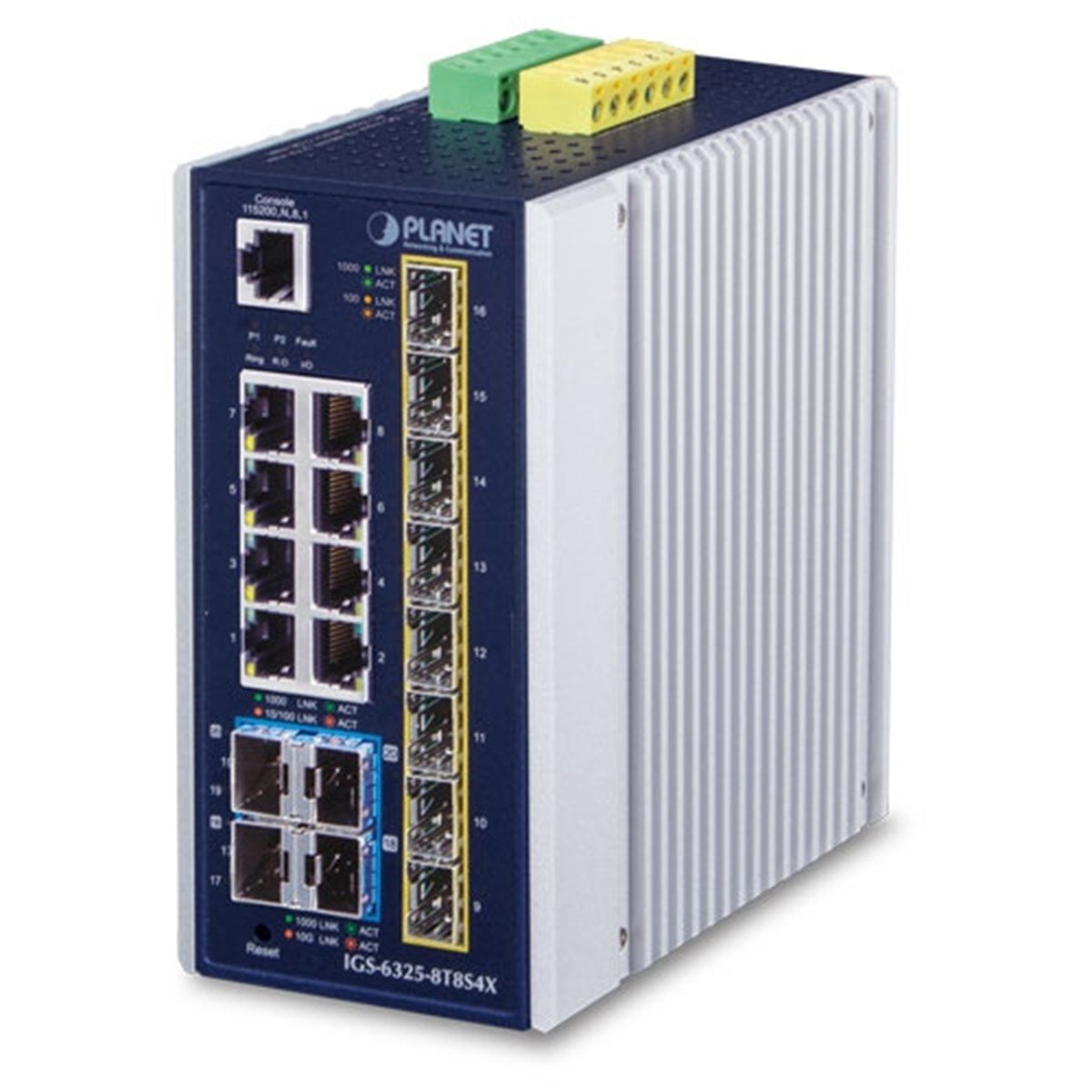 Endüstriyel Tip Yönetilebilir Ethernet Switch (Industrial Managed Ethernet Switch)<br>
L3 (Static, OSPF Routing)<br>
8-Port 10/100/1000T<br>
8-Port 100/1000/2500Base-X SFP yuva (Port-9 ile Port-16 arası)<br>
4-Port 10G SFP+ yuvası
