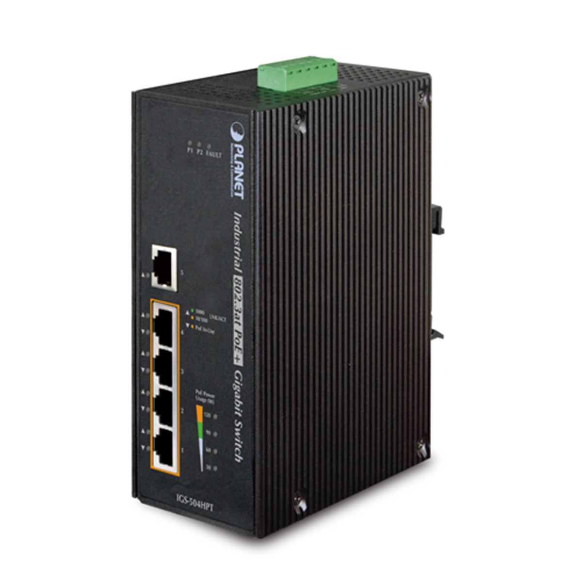 Endüstriyel Tip Yönetilemeyen PoE+ Switch (Industrial Unmanaged PoE+ Switch)<br>
5-Port 10/100/1000Base-TX 4-Port IEEE 802.3at/af PoE+ Injector (Port başına 30.8 watt) (PoE Güç Bütçesi maks. 154 watt)<br>
IP30, -40~75 Derece C