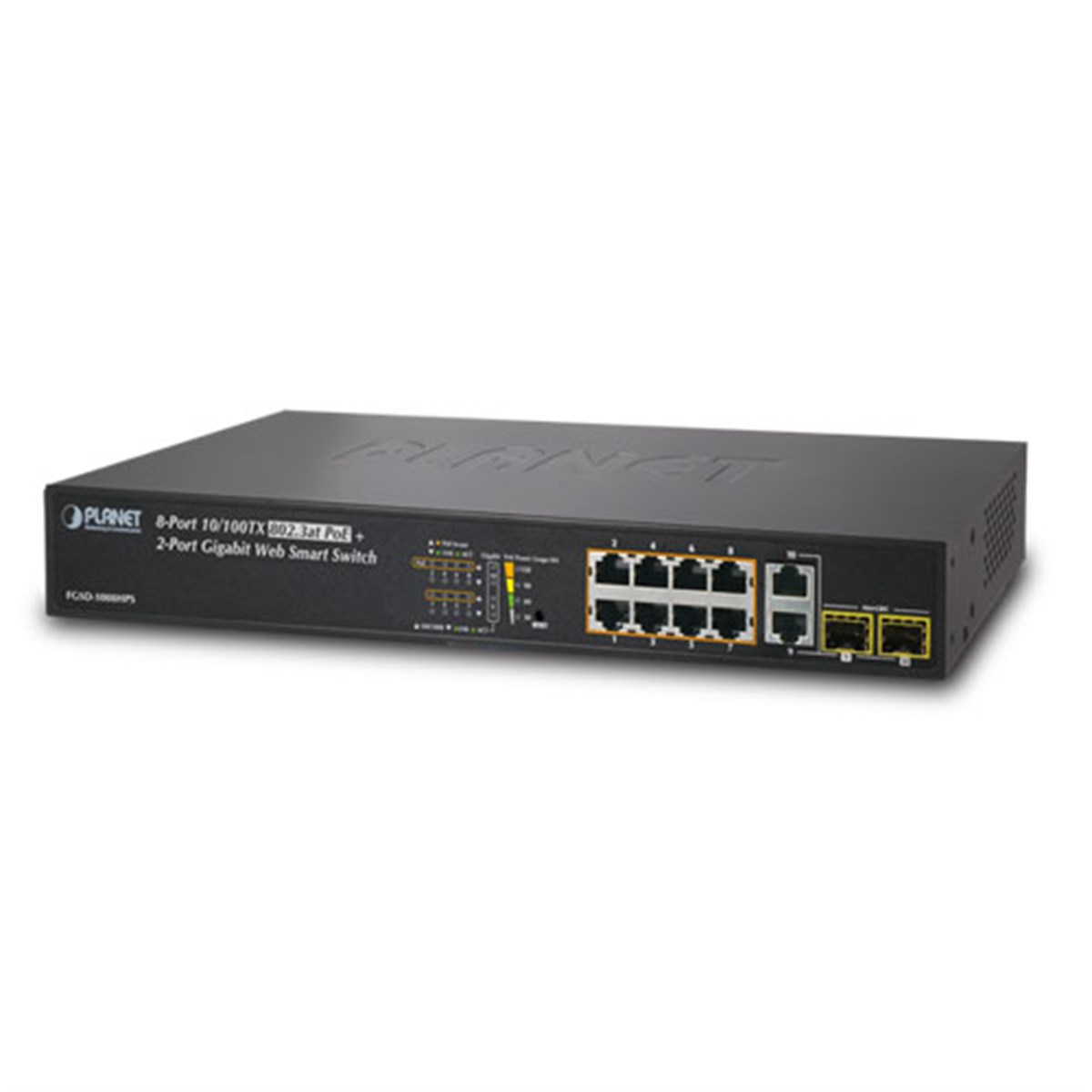 Fast Ethernet PoE Websmart Switch<br>
8-Port 10/100TX 802.3at/af PoE+ Injector (Port başına 30.8 watt) (PoE Güç Bütçesi maks. 125 Watt)<br>
2-port 10/100/1000BASE-T<br>
2-Port Gigabit TP/SFP Paylaşımlı, Port-9 ve Port 10