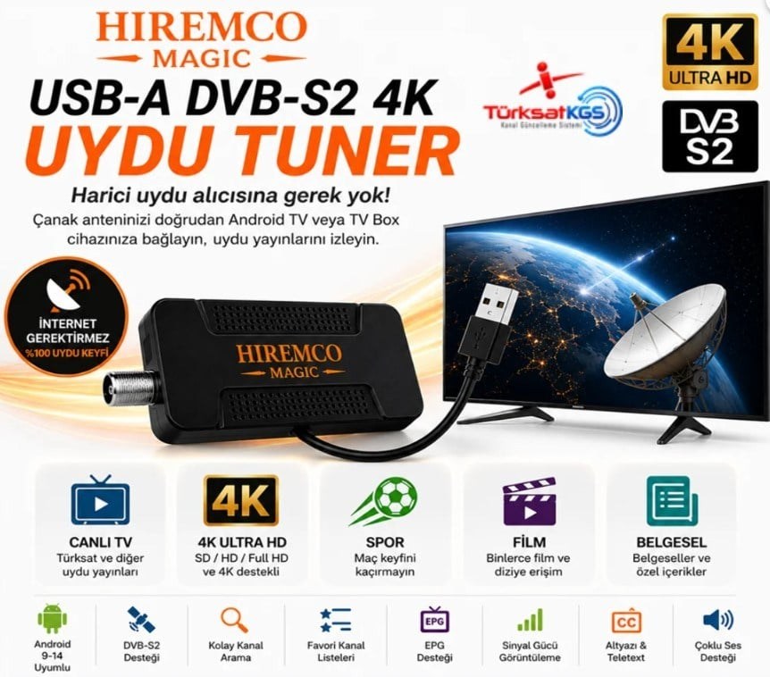 Hıremco Magıc USB-A DVBS-S2 4K Androıd Uydu Tuner
