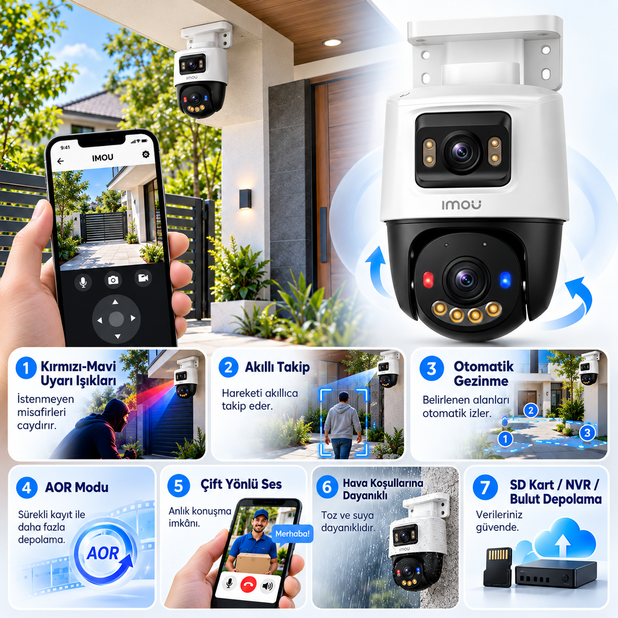 Imou IPC-PS70FP-10M0 Cruiser Dual PS70F Çift Lens (sabit + Pt) Poe İki Yönlü Ses Renkli Gece Görüş 10MP Dome Kamera